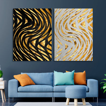 Modular abstract gold lines on white and black background Multi Panel Canvas Wall Art Print