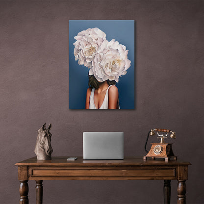 Woman and flowers on blue background Canvas Wall Art Print