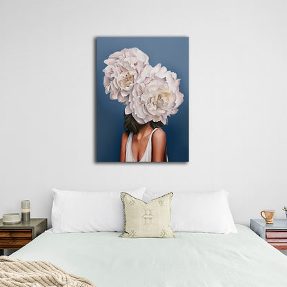 Woman and flowers on blue background Canvas Wall Art Print