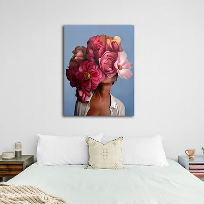 The girl with the red flowers on her head is blue Canvas Wall Art Print