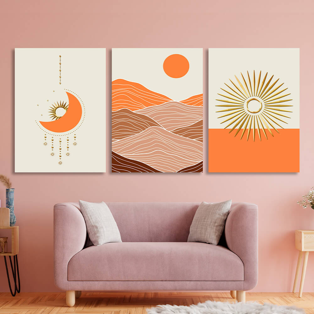 Modular geometric abstraction with bright orange color Multi Panel Canvas Wall Art Print