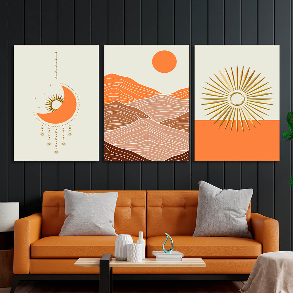 Modular geometric abstraction with bright orange color Multi Panel Canvas Wall Art Print