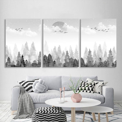 Modular abstract forest in the fog on the background of the moon Multi Panel Canvas Wall Art Print