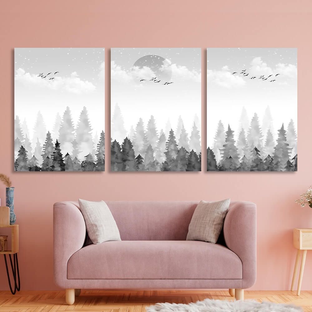 Modular abstract forest in the fog on the background of the moon Multi Panel Canvas Wall Art Print