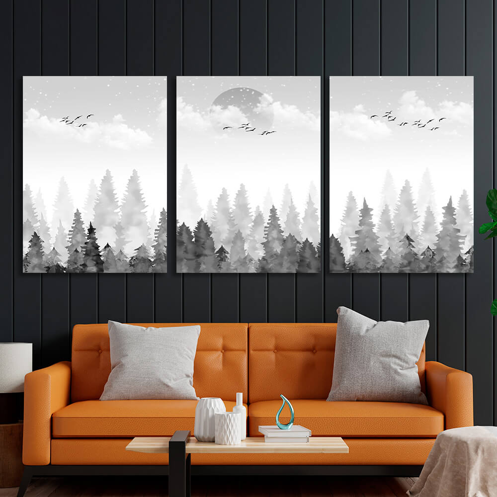 Modular abstract forest in the fog on the background of the moon Multi Panel Canvas Wall Art Print