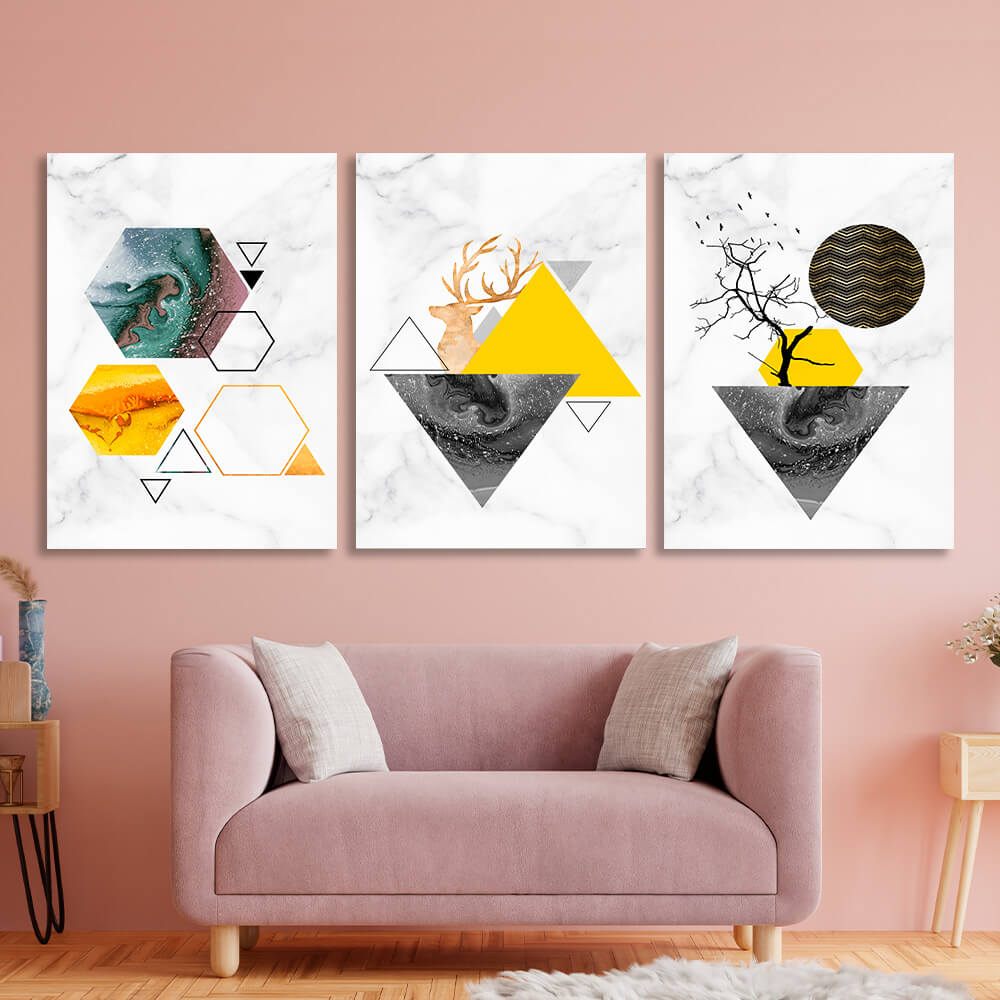 Modular yellow and gray geometric abstraction Multi Panel Canvas Wall Art Print