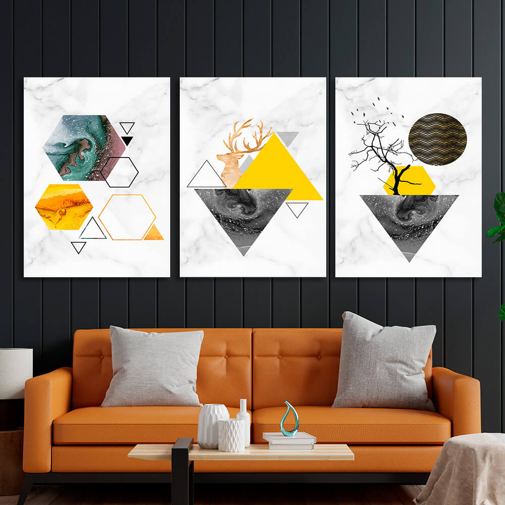 Modular yellow and gray geometric abstraction Multi Panel Canvas Wall Art Print