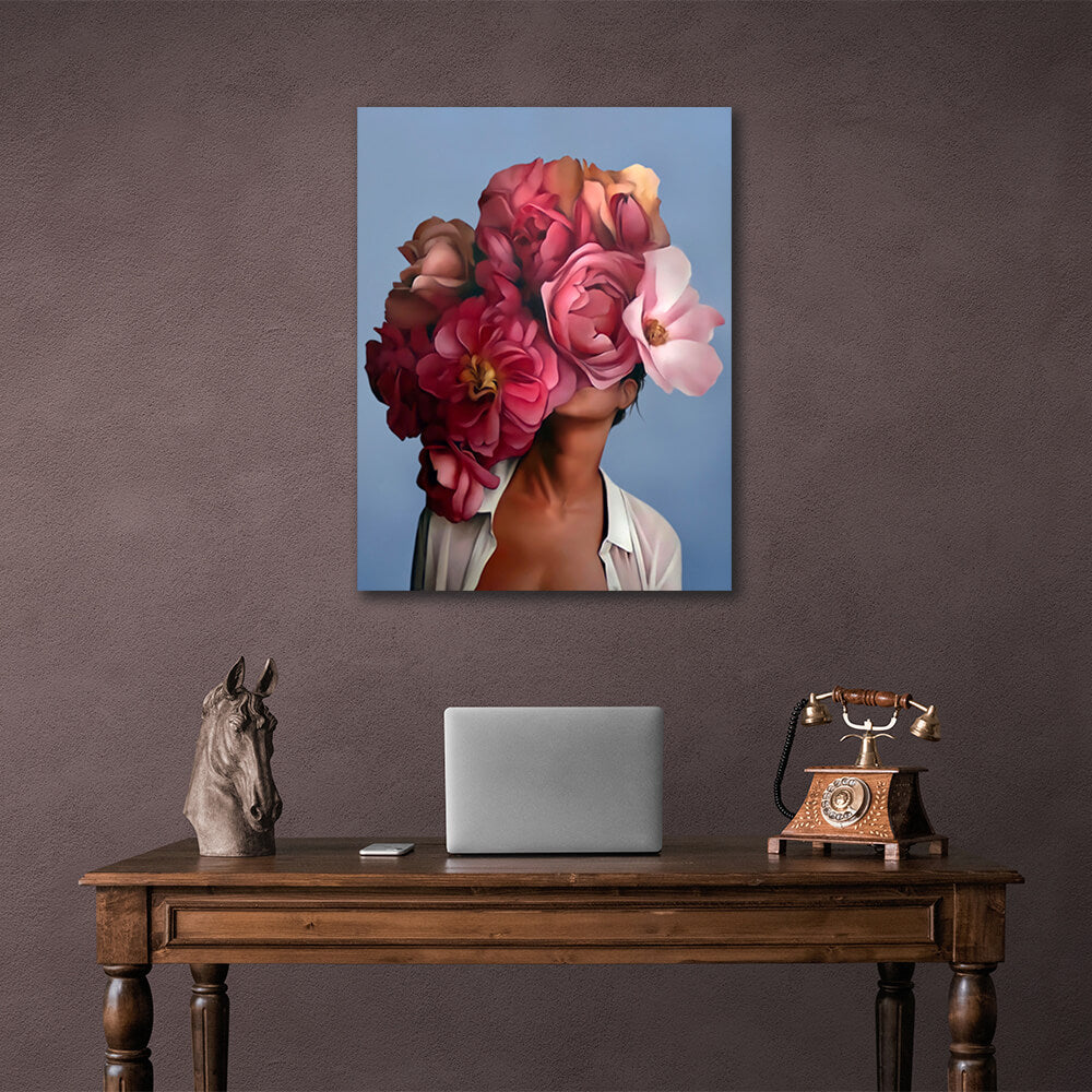 The girl with the red flowers on her head is blue Canvas Wall Art Print