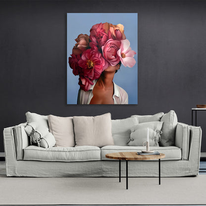 The girl with the red flowers on her head is blue Canvas Wall Art Print