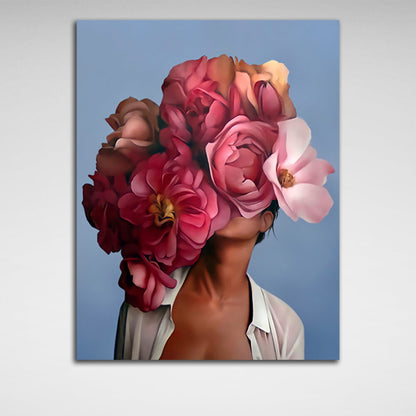 The girl with the red flowers on her head is blue Canvas Wall Art Print