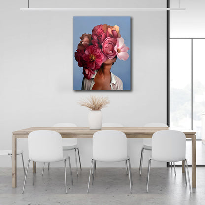 The girl with the red flowers on her head is blue Canvas Wall Art Print