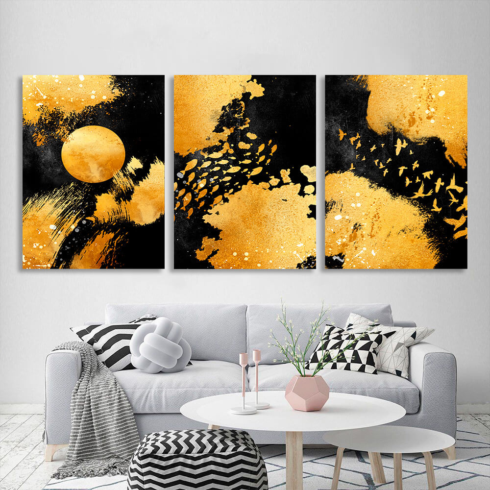 Modular abstract in black and gold colors Multi Panel Canvas Wall Art Print