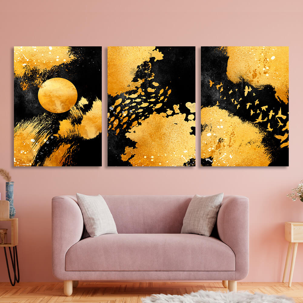 Modular abstract in black and gold colors Multi Panel Canvas Wall Art Print