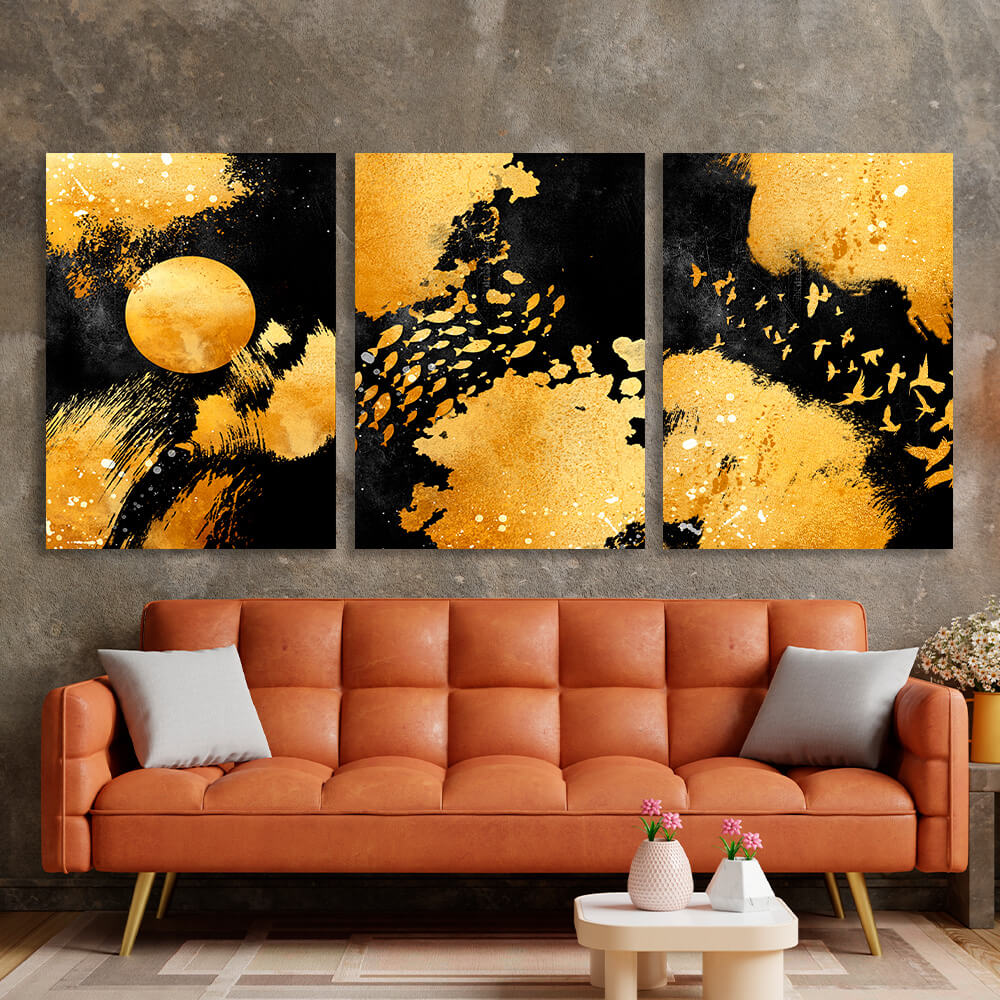 Modular abstract in black and gold colors Multi Panel Canvas Wall Art Print