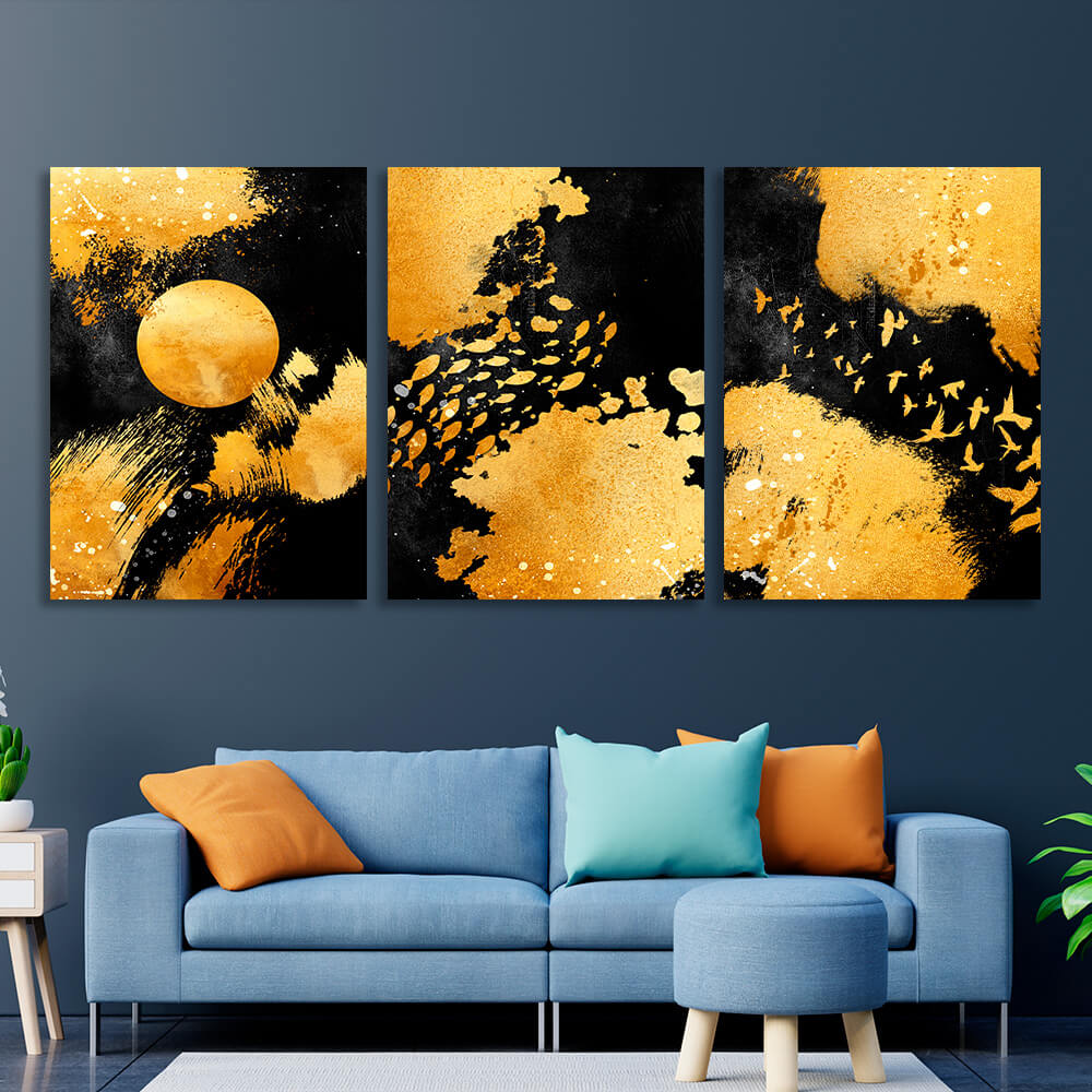 Modular abstract in black and gold colors Multi Panel Canvas Wall Art Print