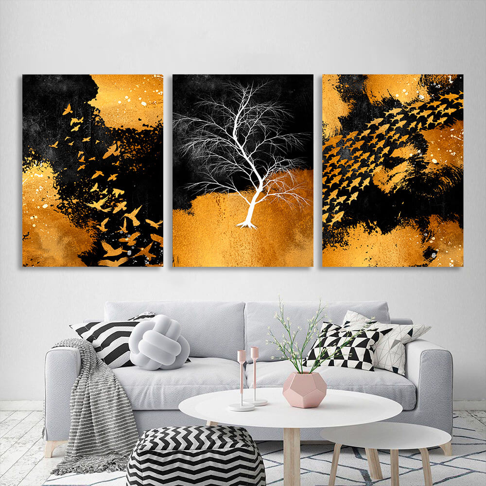 Modular abstraction in black gold and white colors Multi Panel Canvas Wall Art Print