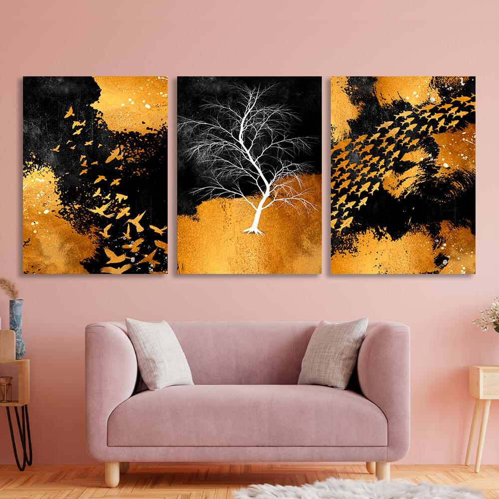 Modular abstraction in black gold and white colors Multi Panel Canvas Wall Art Print