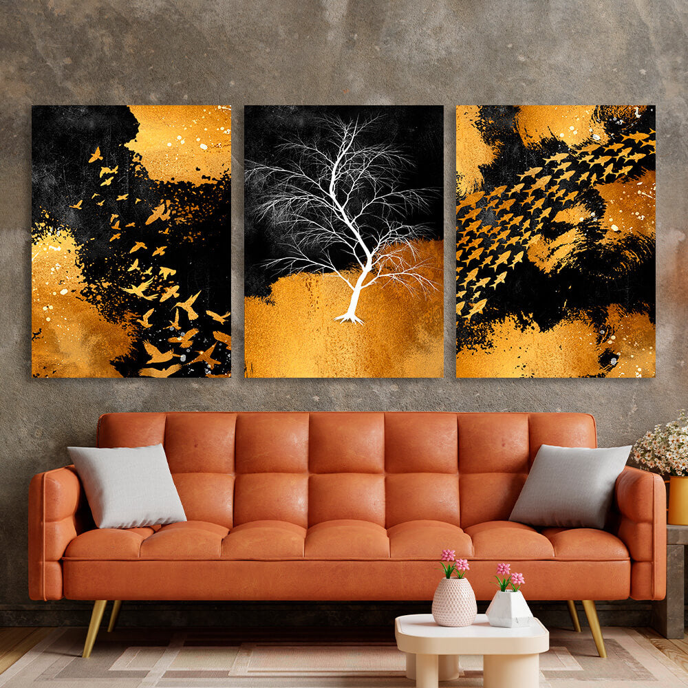 Modular abstraction in black gold and white colors Multi Panel Canvas Wall Art Print