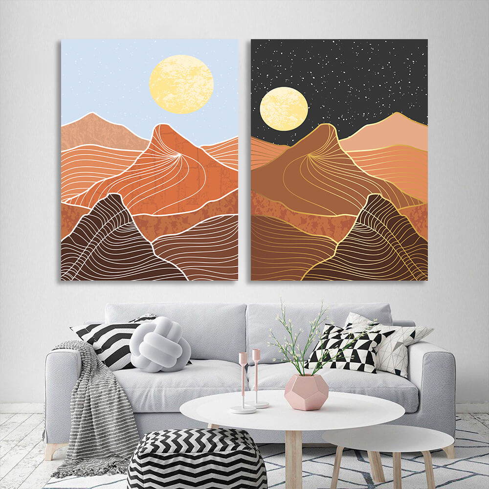 Modular mountains by day and by night Multi Panel Canvas Wall Art Print