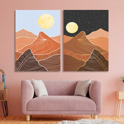 Modular mountains by day and by night Multi Panel Canvas Wall Art Print