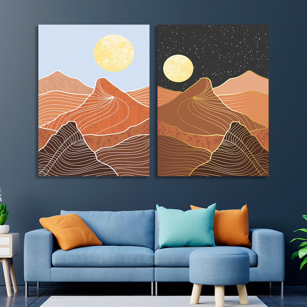 Modular mountains by day and by night Multi Panel Canvas Wall Art Print