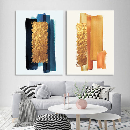 Modular gold and blue masks on a white background Multi Panel Canvas Wall Art Print