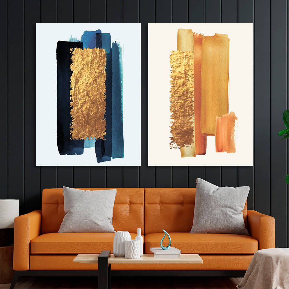 Modular gold and blue masks on a white background Multi Panel Canvas Wall Art Print