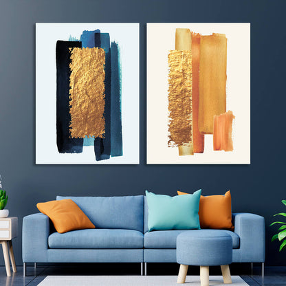 Modular gold and blue masks on a white background Multi Panel Canvas Wall Art Print