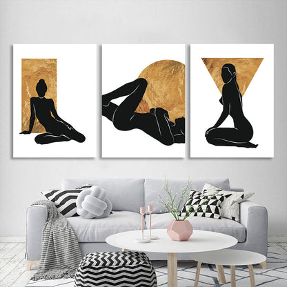 Modular figures of women on a white and gold background Multi Panel Canvas Wall Art Print