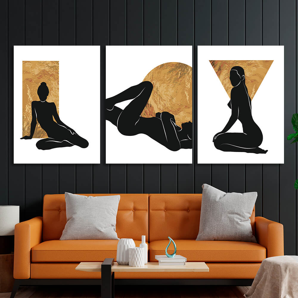 Modular figures of women on a white and gold background Multi Panel Canvas Wall Art Print