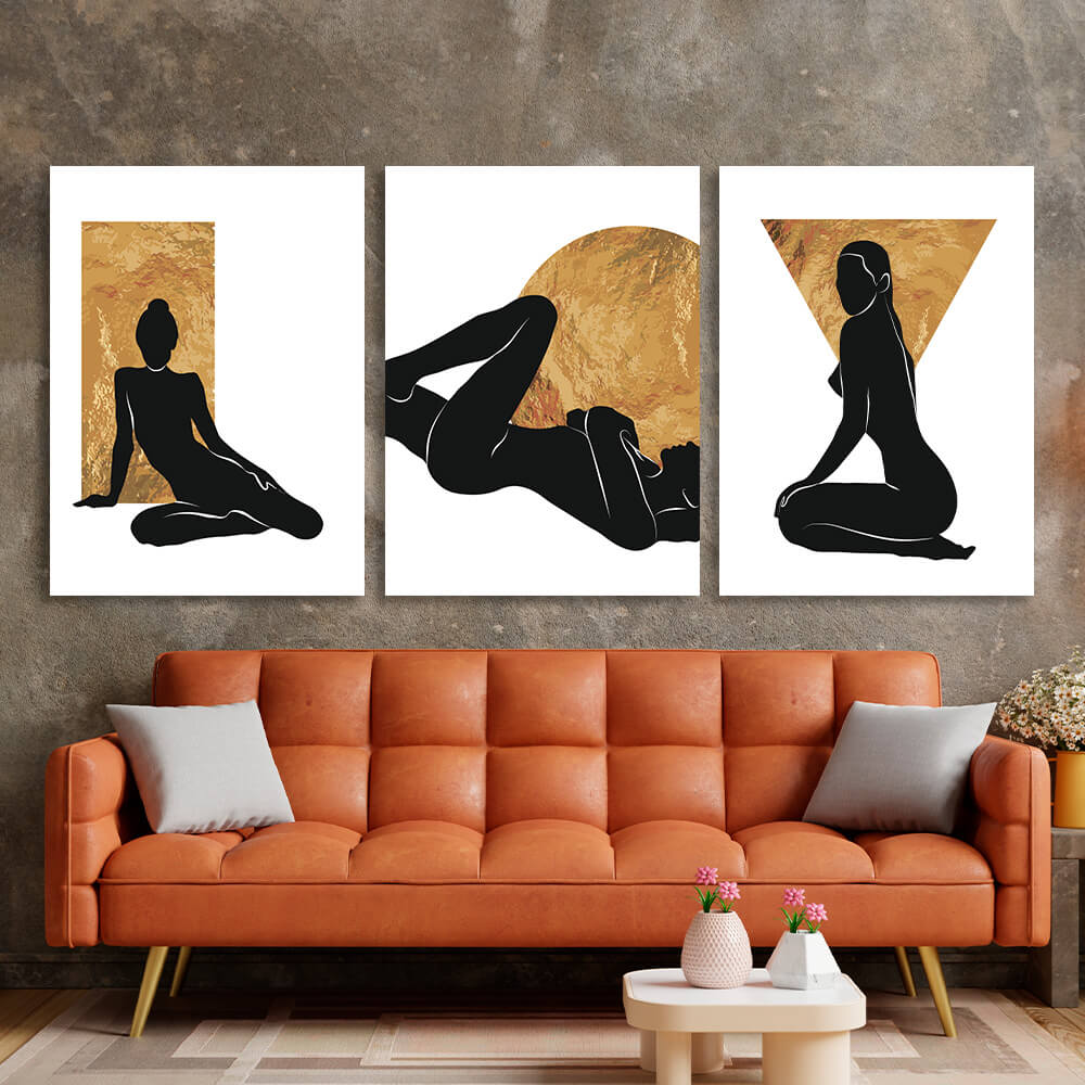 Modular figures of women on a white and gold background Multi Panel Canvas Wall Art Print