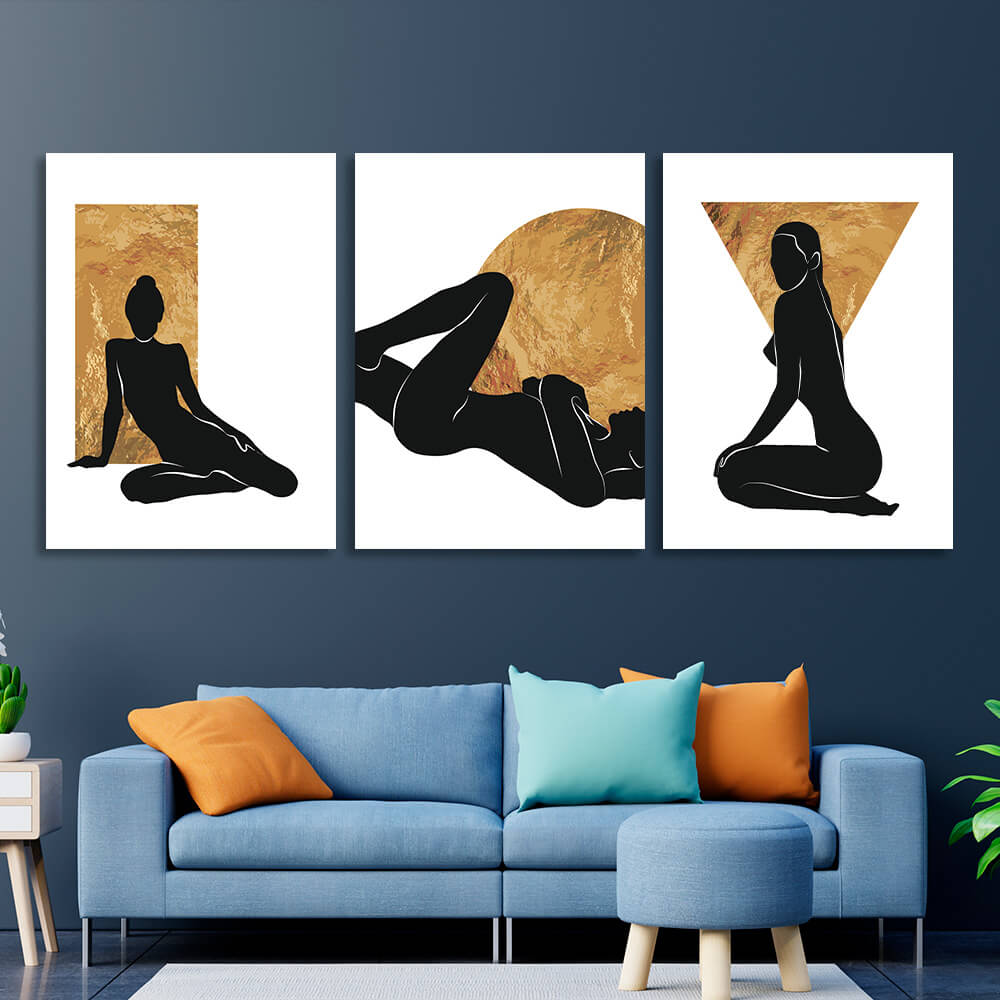 Modular figures of women on a white and gold background Multi Panel Canvas Wall Art Print