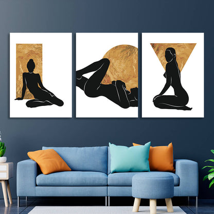 Modular figures of women on a white and gold background Multi Panel Canvas Wall Art Print