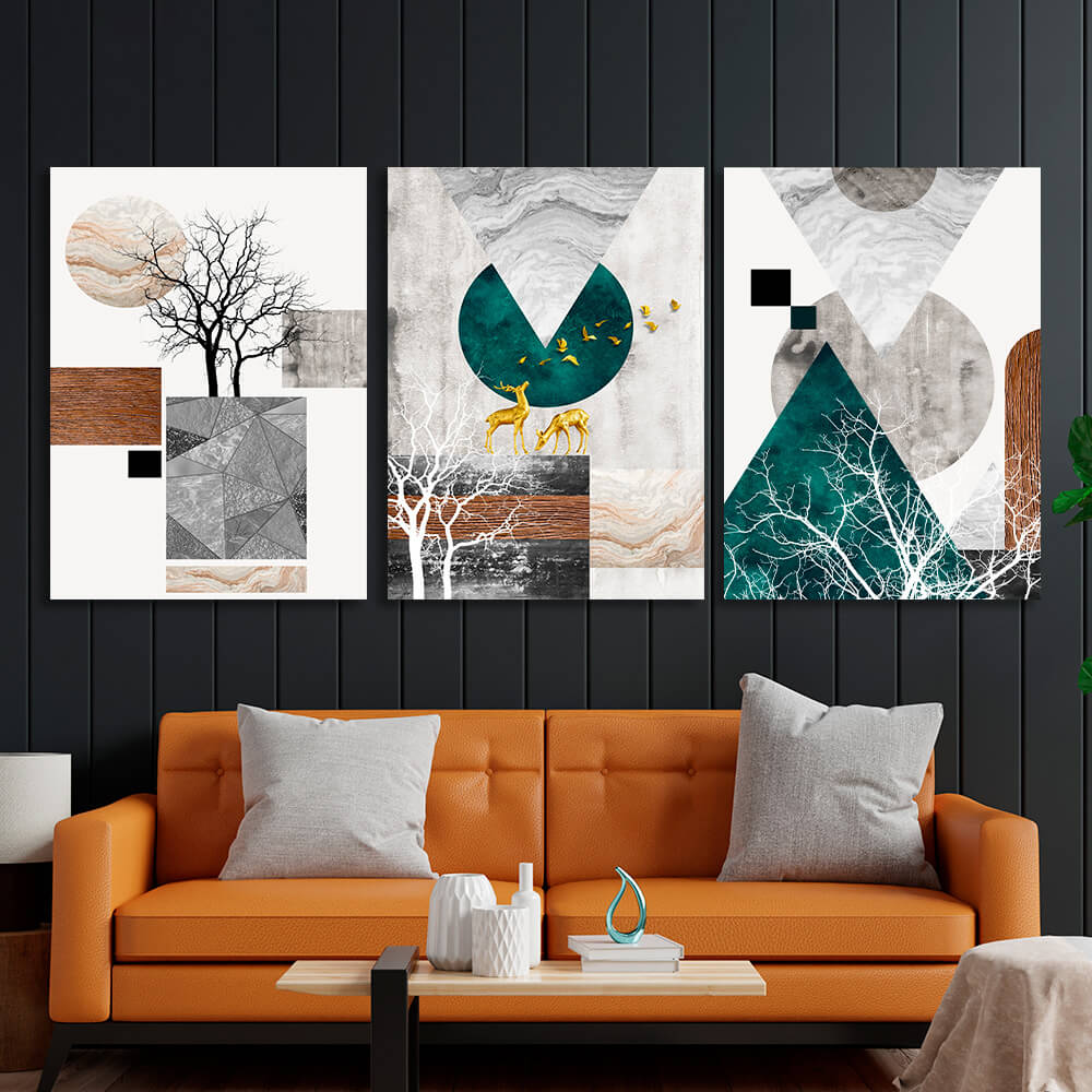 Modular abstract geometric shapes with animals and trees Multi Panel Canvas Wall Art Print