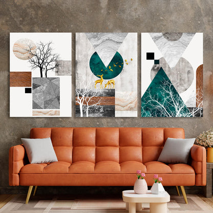 Modular abstract geometric shapes with animals and trees Multi Panel Canvas Wall Art Print