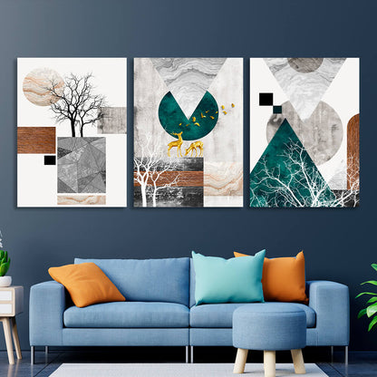 Modular abstract geometric shapes with animals and trees Multi Panel Canvas Wall Art Print