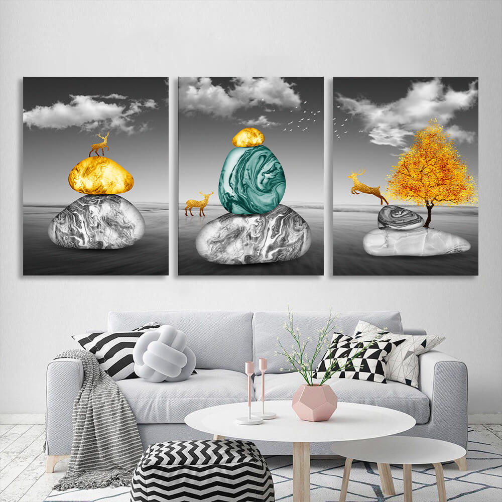 Modular bright stones on a gray background Multi Panel Canvas Wall Art Print