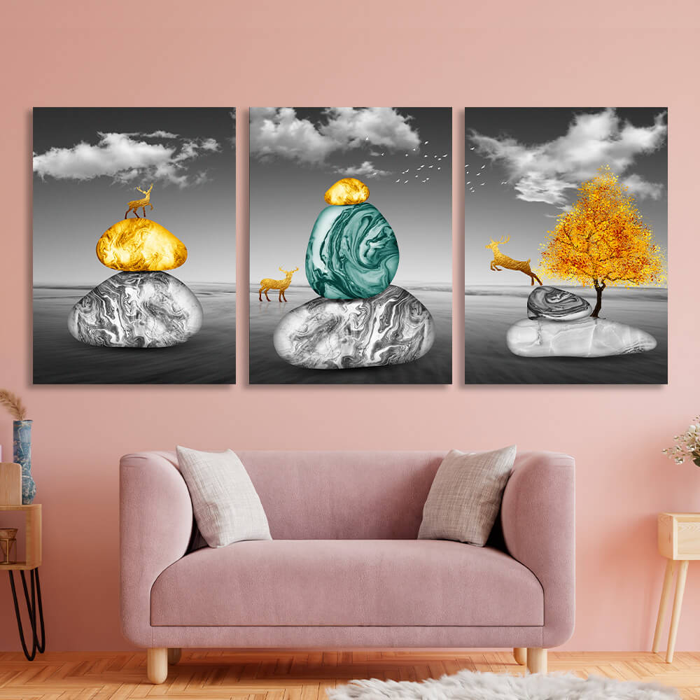 Modular bright stones on a gray background Multi Panel Canvas Wall Art Print