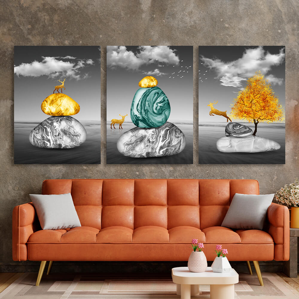 Modular bright stones on a gray background Multi Panel Canvas Wall Art Print