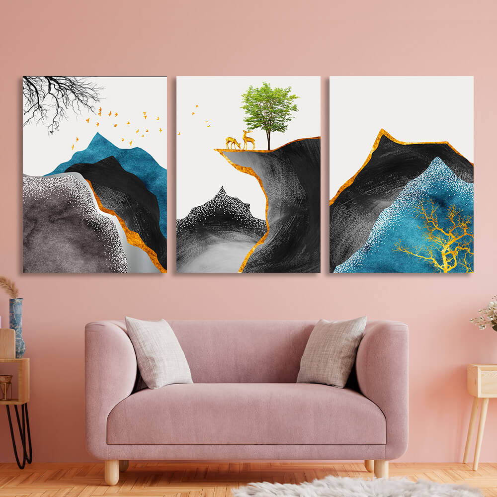 Modular abstract of deer in the mountains Multi Panel Canvas Wall Art Print