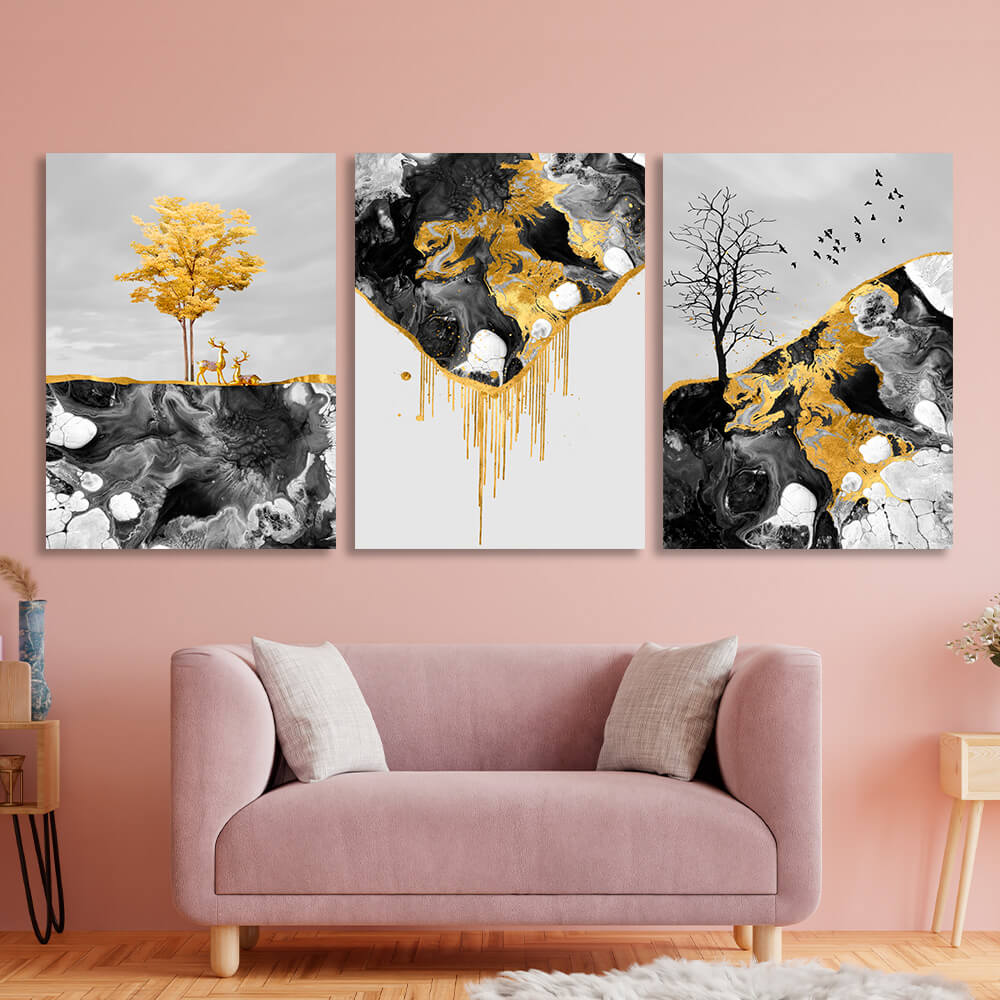 Modular abstract in dark shades with golden color Multi Panel Canvas Wall Art Print