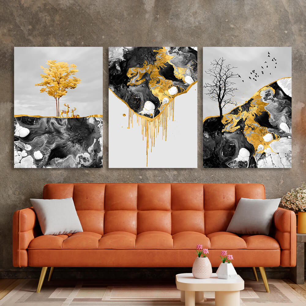 Modular abstract in dark shades with golden color Multi Panel Canvas Wall Art Print