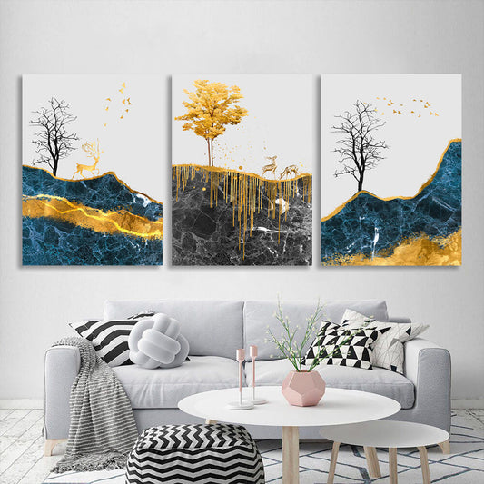 Modular abstract deer walk with pronounced golden color Multi Panel Canvas Wall Art Print