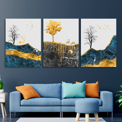 Modular abstract deer walk with pronounced golden color Multi Panel Canvas Wall Art Print