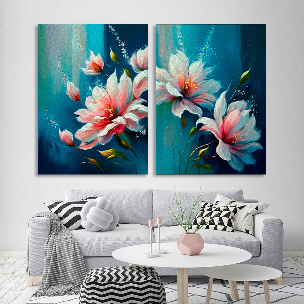 Modular delicate flowers on a background in shades of blue Multi Panel Canvas Wall Art Print