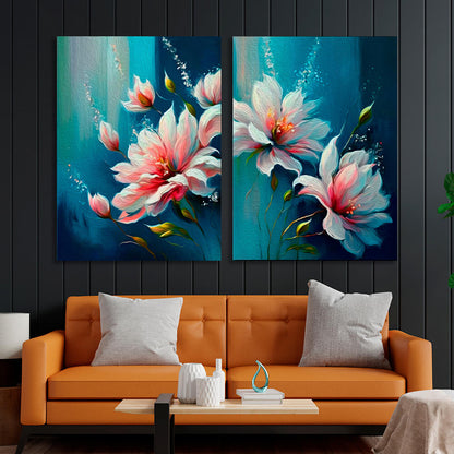 Modular delicate flowers on a background in shades of blue Multi Panel Canvas Wall Art Print