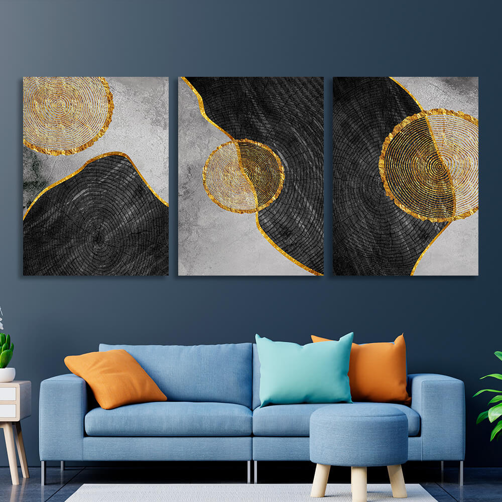 Modular geometric abstraction with golden border of figures Multi Panel Canvas Wall Art Print