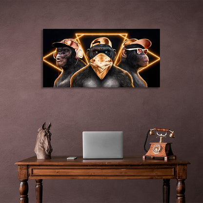 Three monkeys with gold accessories on a black background Canvas Wall Art Print