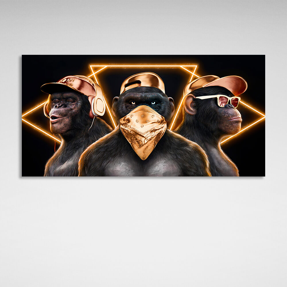 Three monkeys with gold accessories on a black background Canvas Wall Art Print