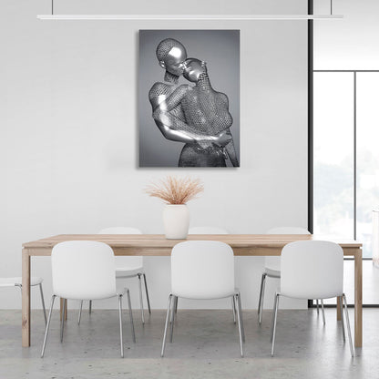 Silver statues on a gray background Canvas Wall Art Print